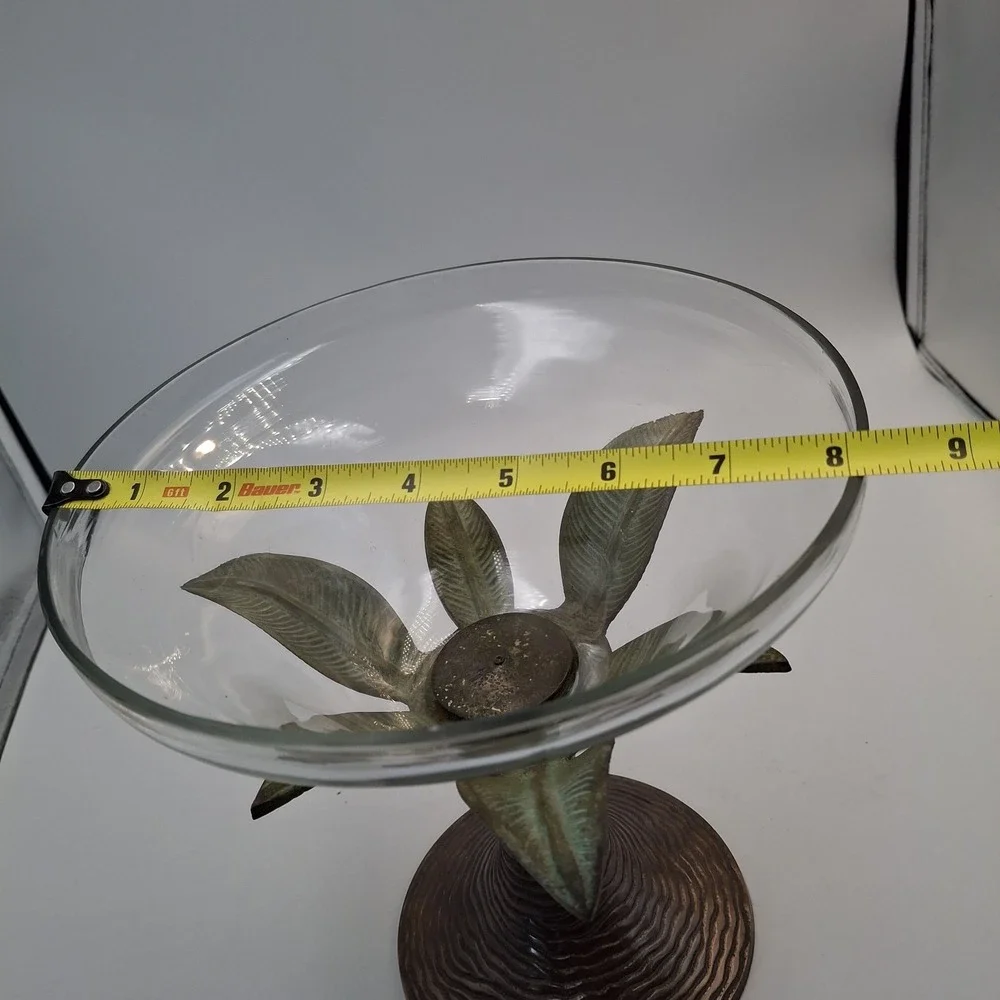 Vintage Brass Palm Tree Glass Compote Bowl Centerpiece Hollywood Regency 80s